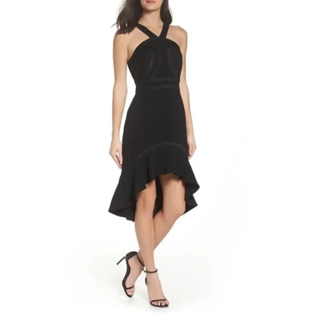 Foxiedox Aviana High Low Halter Neck Black Dress